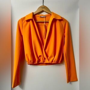 Zara Orange Cropped Wrap Blouse XS | Long Sleeve Collared Top | NWT